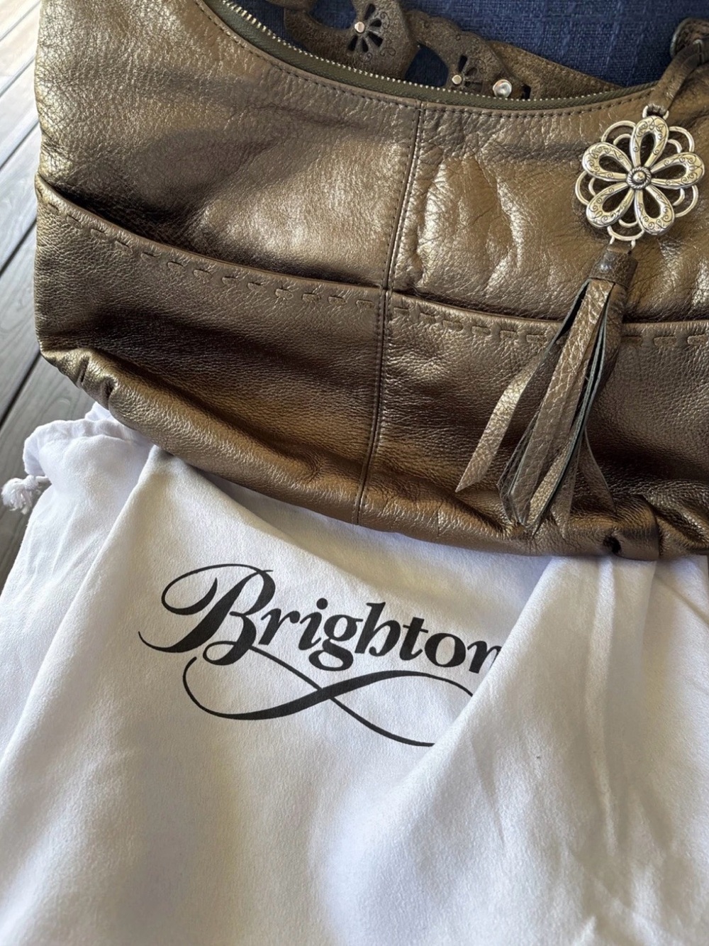 BRIGHTON KODIAK HOBO 4 Pocket Tote Bronze metallic Leather Fringed Heart Purse - Picture 15 of 15